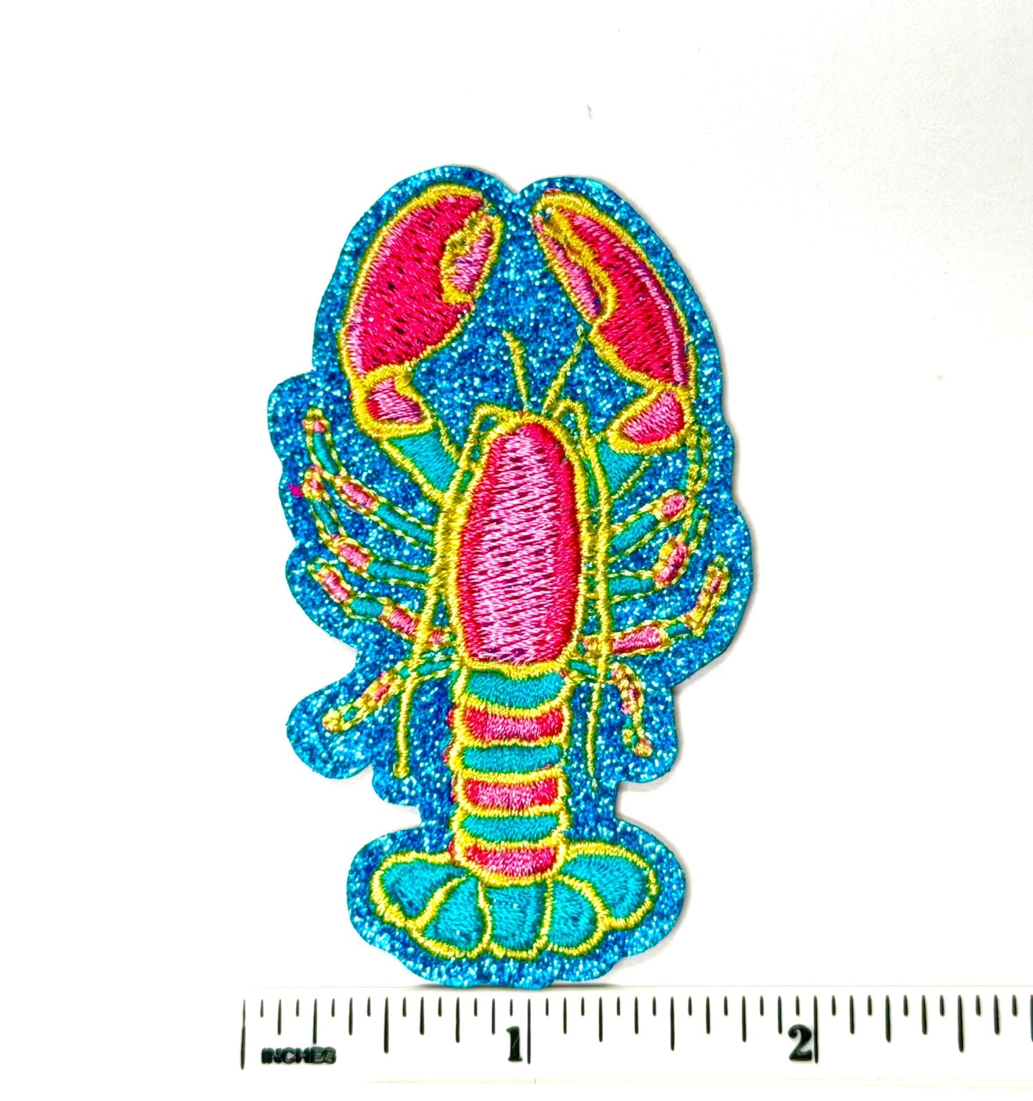 Crawfish patch with blue glitter outline - Embroidered DIY Iron on patch