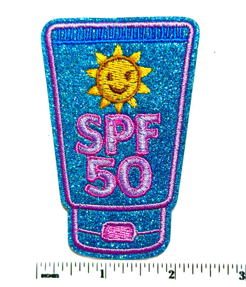 SPF 50 patch - Embroidered Iron on patch with blue glitter