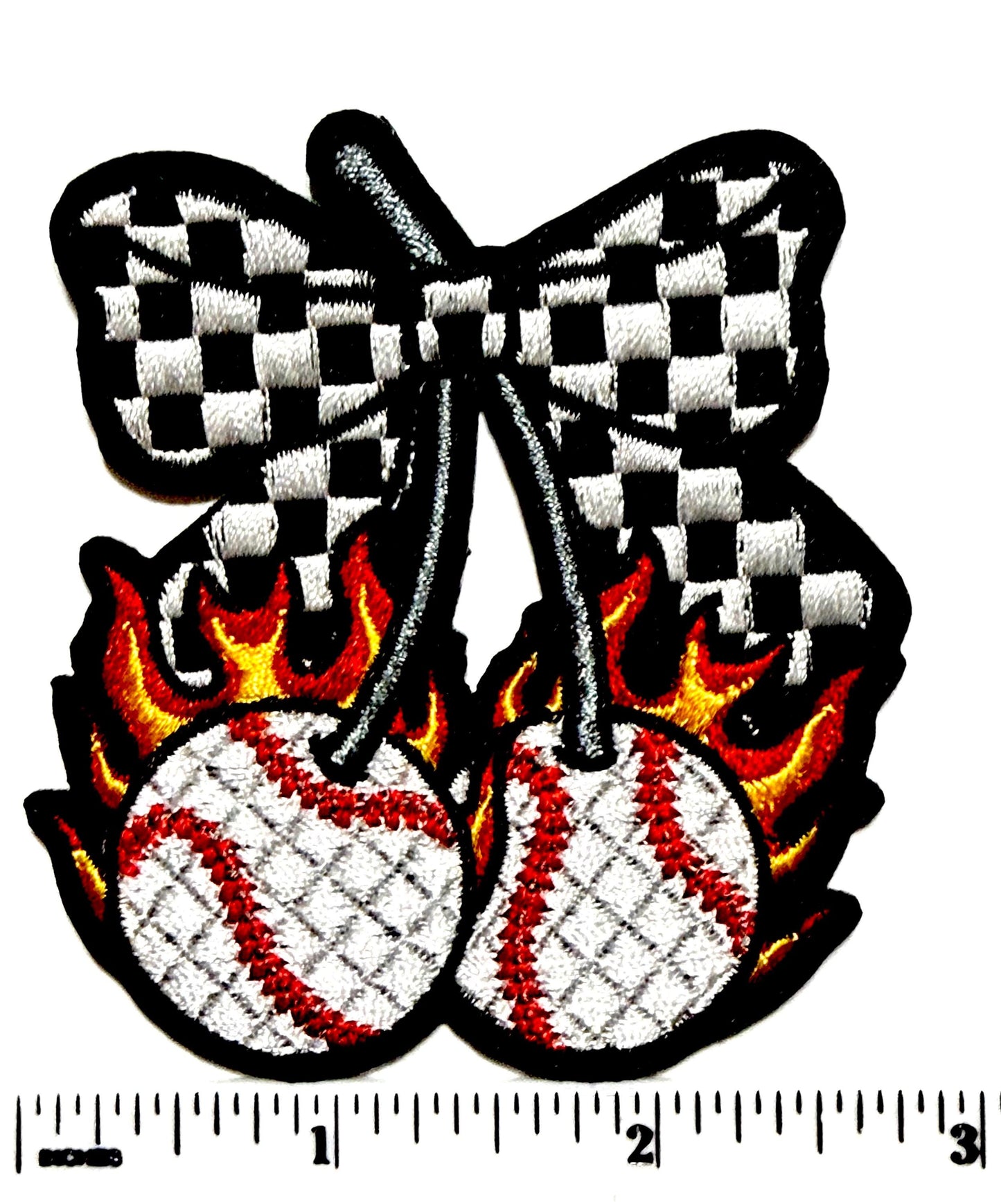 Baseball cherries with checkered bow and flames 3”