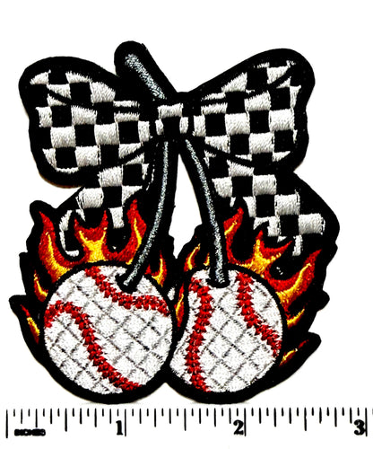 Baseball cherries with checkered bow and flames 3”