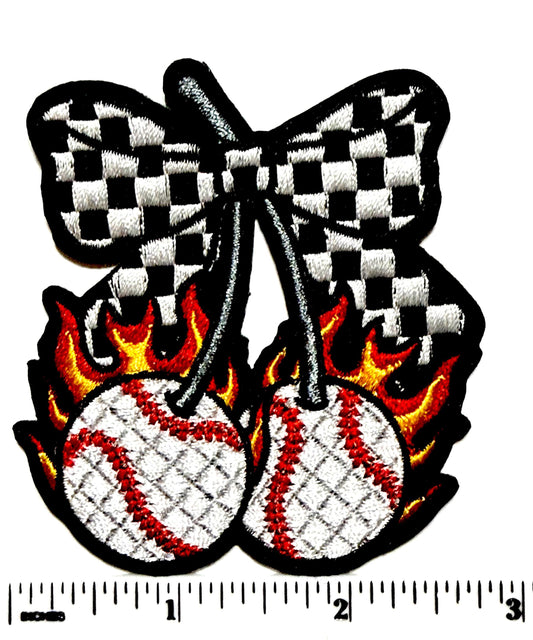 Baseball cherries with checkered bow and flames 3”