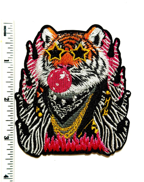 Tiger with star sunglasses blowing bubble patch - Embroidered DIY Iron on patch