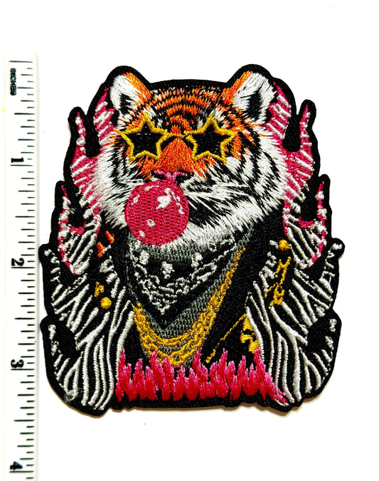 Tiger with star sunglasses blowing bubble patch - Embroidered DIY Iron on patch
