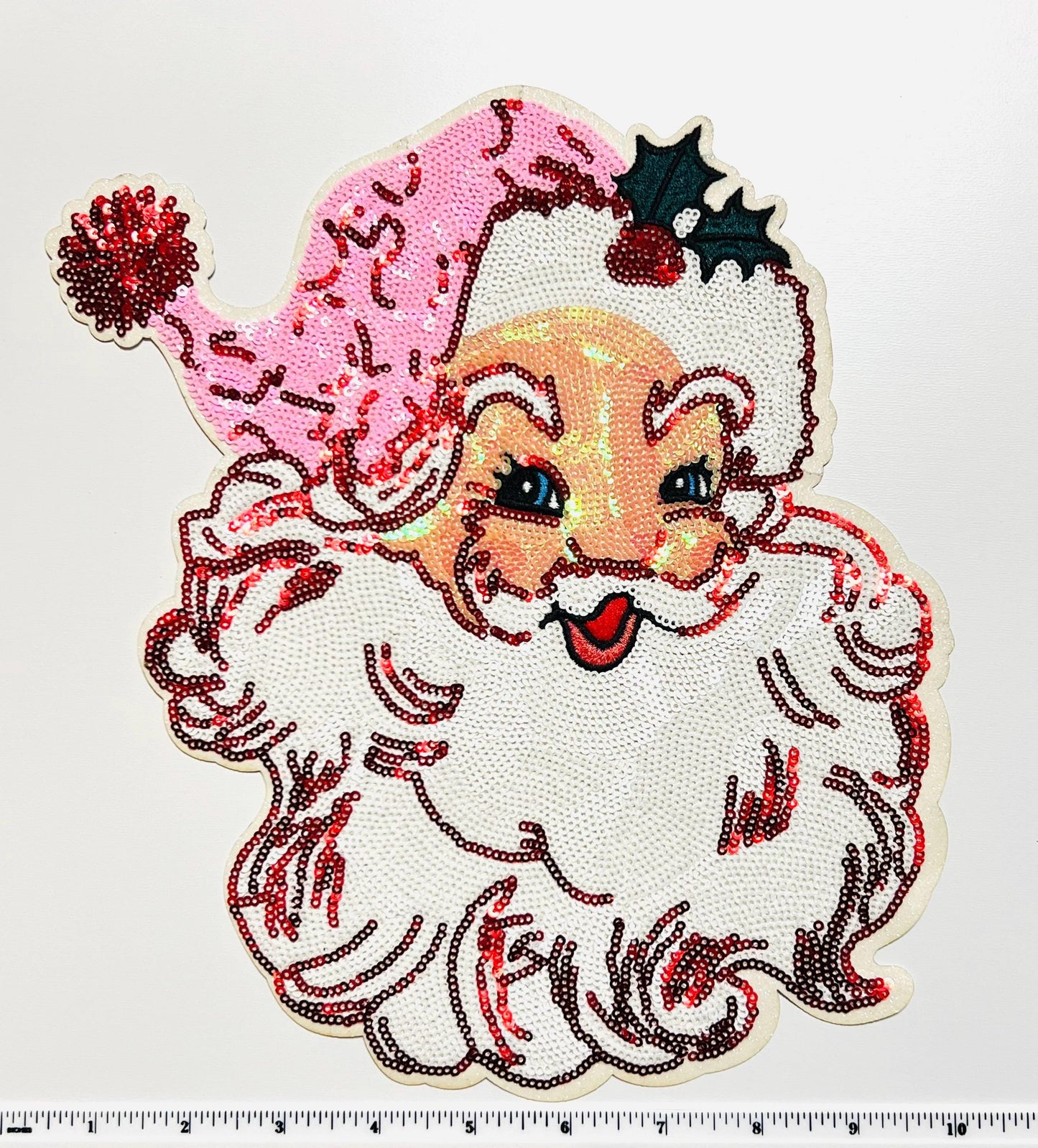 Santa with Pink hat - Large sequins Iron on patch