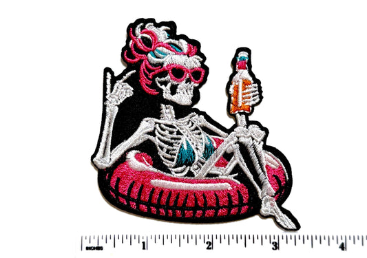Skelly Girl Messy Bun Floating with a drink Embroidered Patch – DIY Iron-On Applique