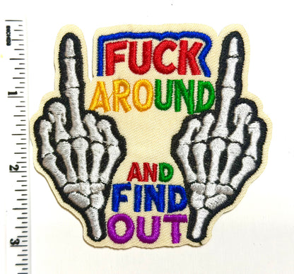 Fuck around and find out, Skelly middle finger - Embroidered Iron on patch 3”