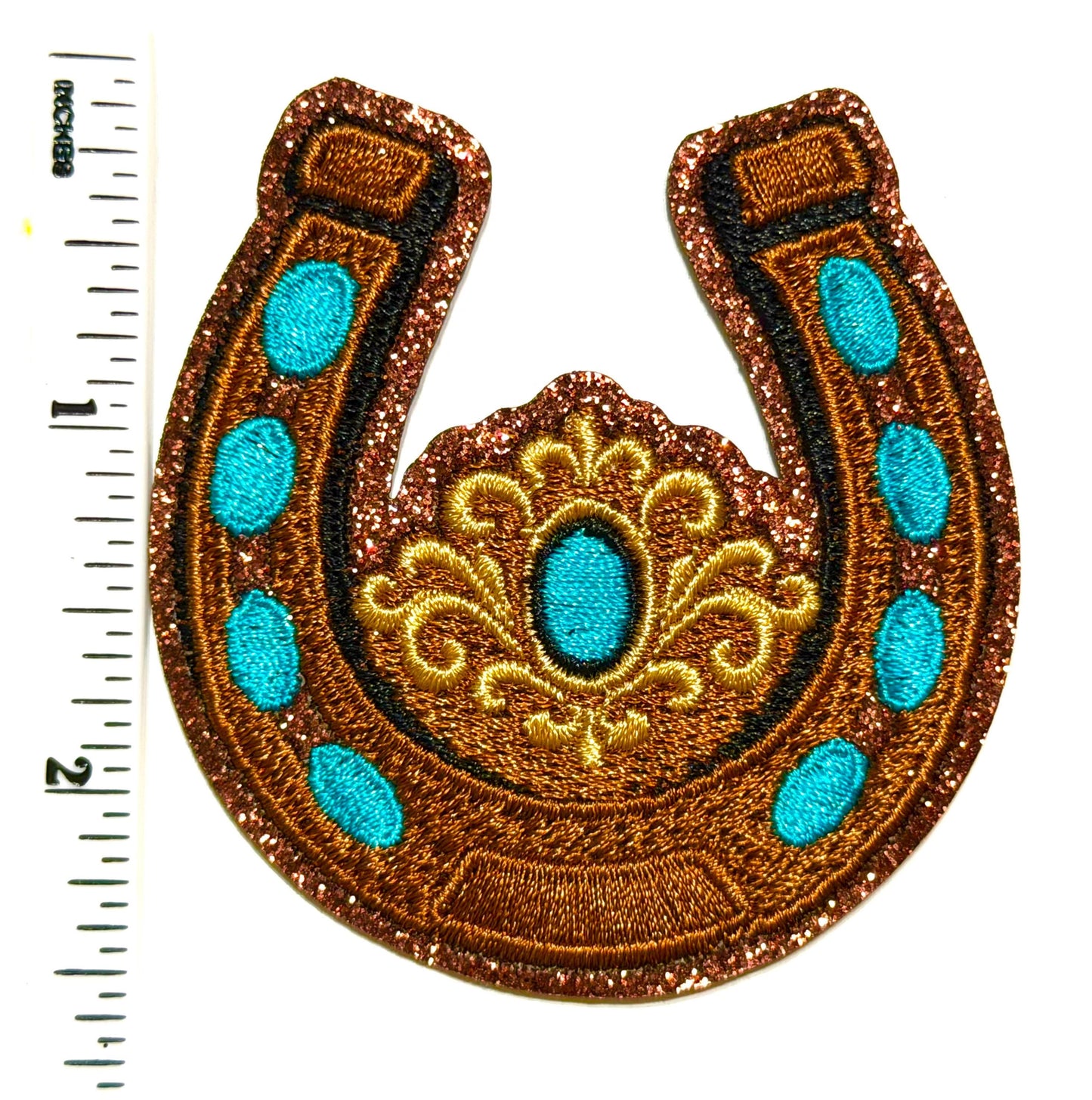 Horseshoe decorative brown glitter and turquoise – Embroidered Iron-On patch 2.5”