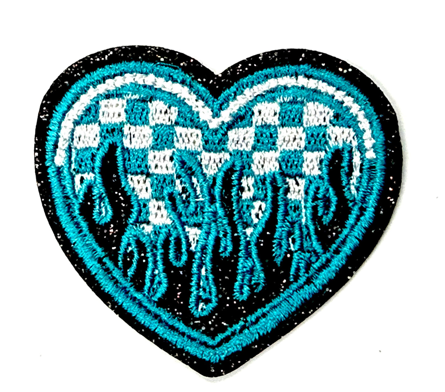 Checkered Hearts with Flames and glitter borders Iron On Patches 2”