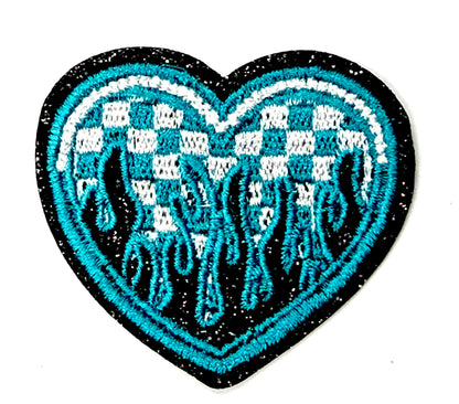 Checkered Hearts with Flames and glitter borders Iron On Patches 2”