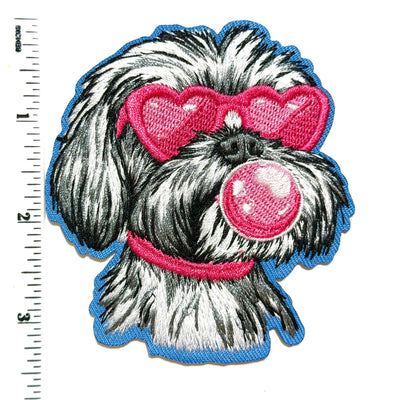 Yorkie with pink sunglasses and bubblegum bubble - Embroidered iron on patch 3.25