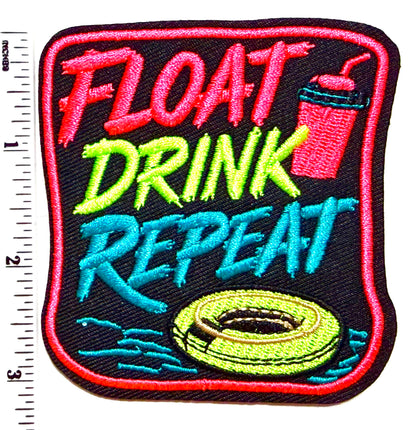 Float, Drink, Repeat in neon colors  Embroidered Patch – DIY Iron-On Applique 3"