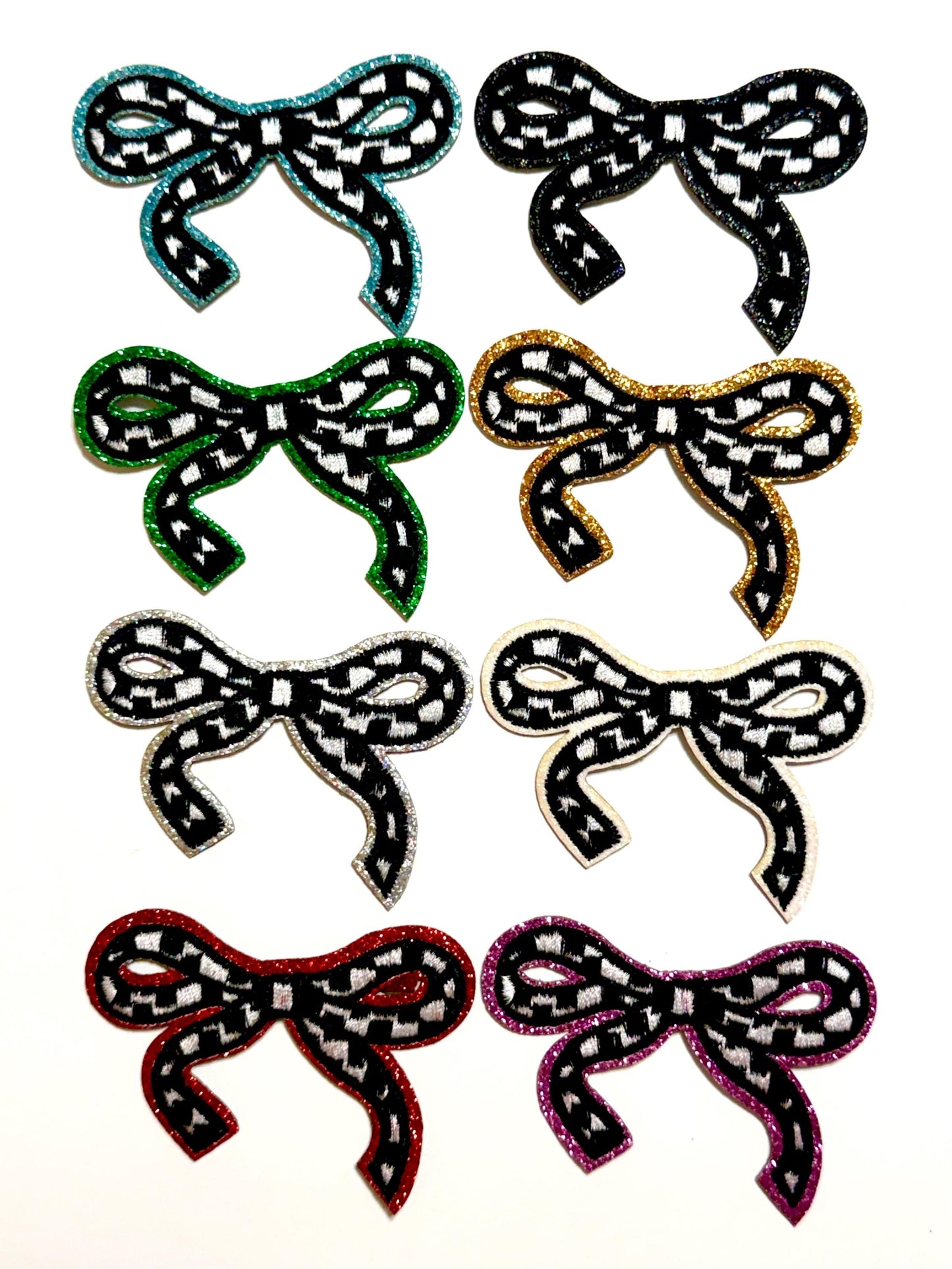 Checkered bow with glitter outline patches - Embroidered DIY iron on patch