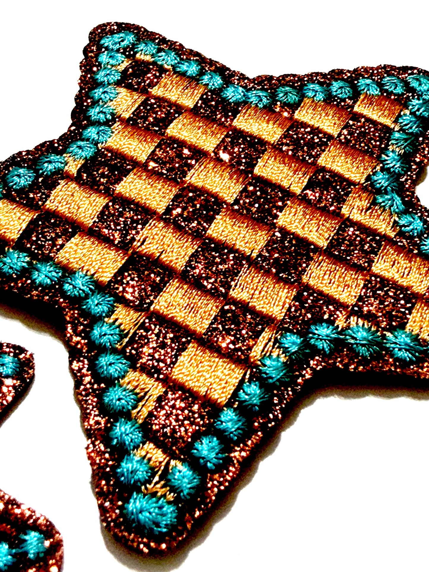 Turquoise & Checkered Brown Glitter patches, Bow and Star - Iron On DIY Applique