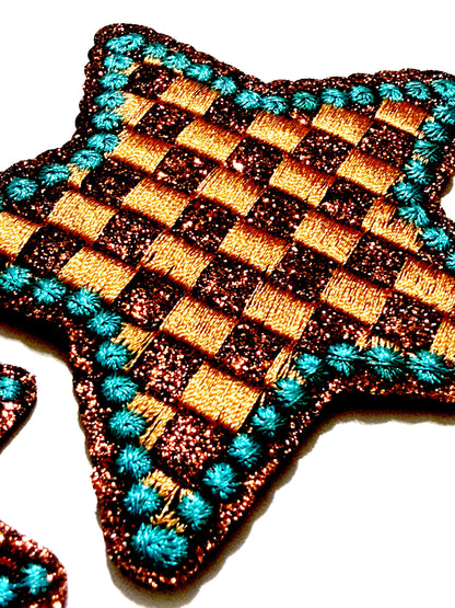Turquoise & Checkered Brown Glitter patches, Bow and Star - Iron On DIY Applique
