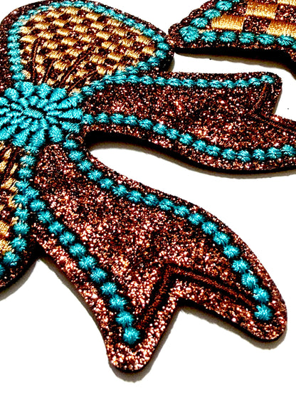 Turquoise & Checkered Brown Glitter patches, Bow and Star - Iron On DIY Applique