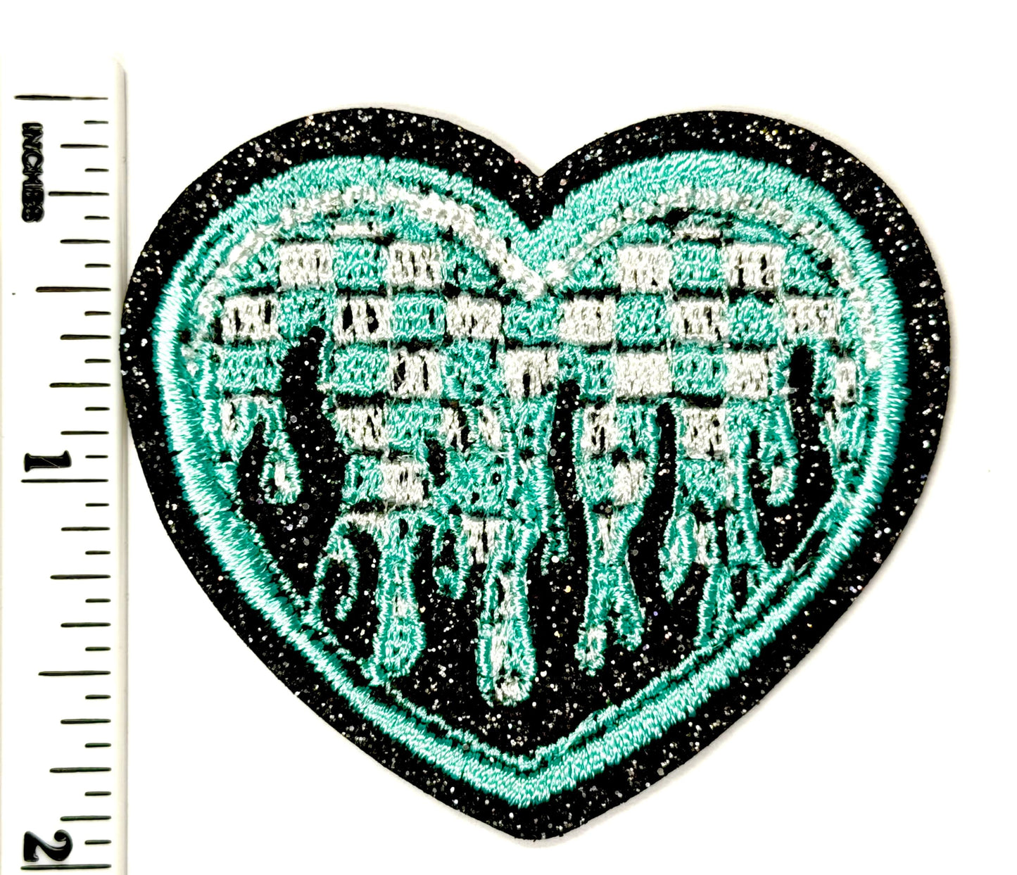 Checkered Hearts with Flames and glitter borders Iron On Patches 2”