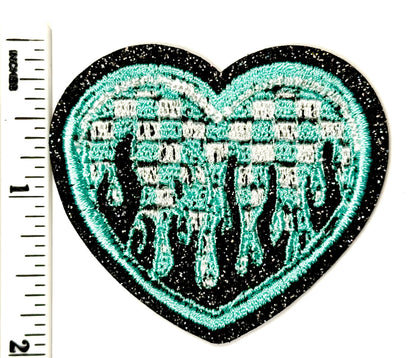 Checkered Hearts with Flames and glitter borders Iron On Patches 2”