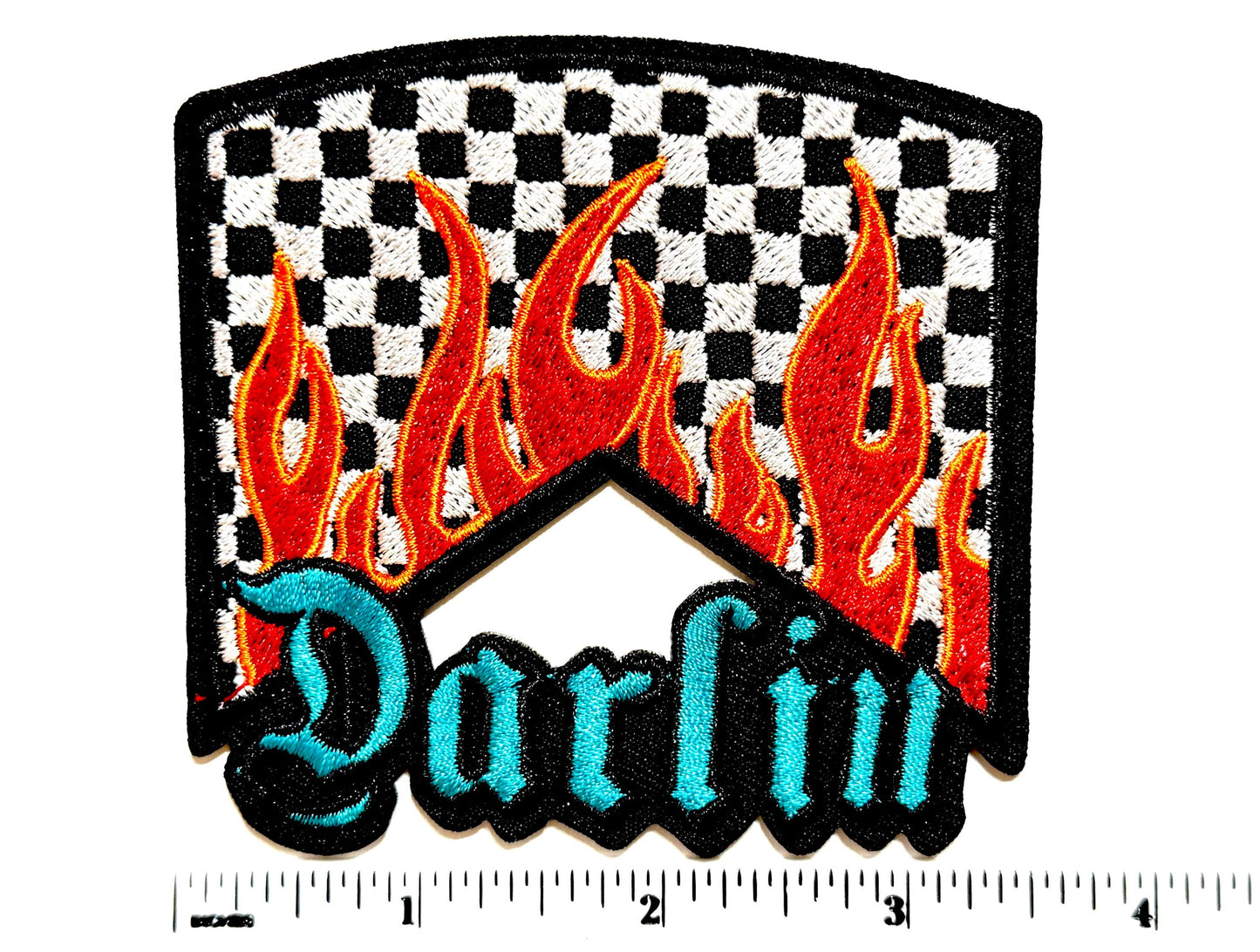 Darlin checkered with flames patch - Embroidered Iron-On Patch