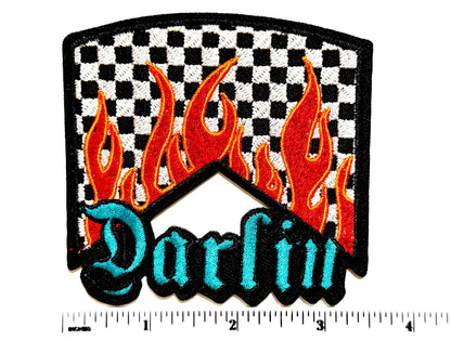 Darlin checkered with flames patch - Embroidered Iron-On Patch
