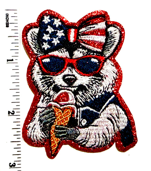 Patriotic Raccoon with Ice Cream patch - Embroidered and glitter Iron On Patch 2.75”