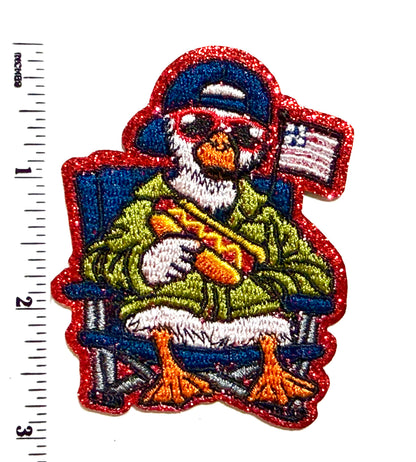Patriotic Duck Eating Hotdog patch - Embroidered Iron On Patch 3”