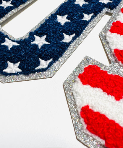 Patriotic - Chenille with silver glitter outline Iron on patches
