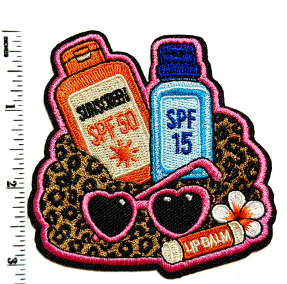 Beach bag contents; sunscreen, sunglasses patch - Embroidered DIY Iron on patch 3.25” (Copy)