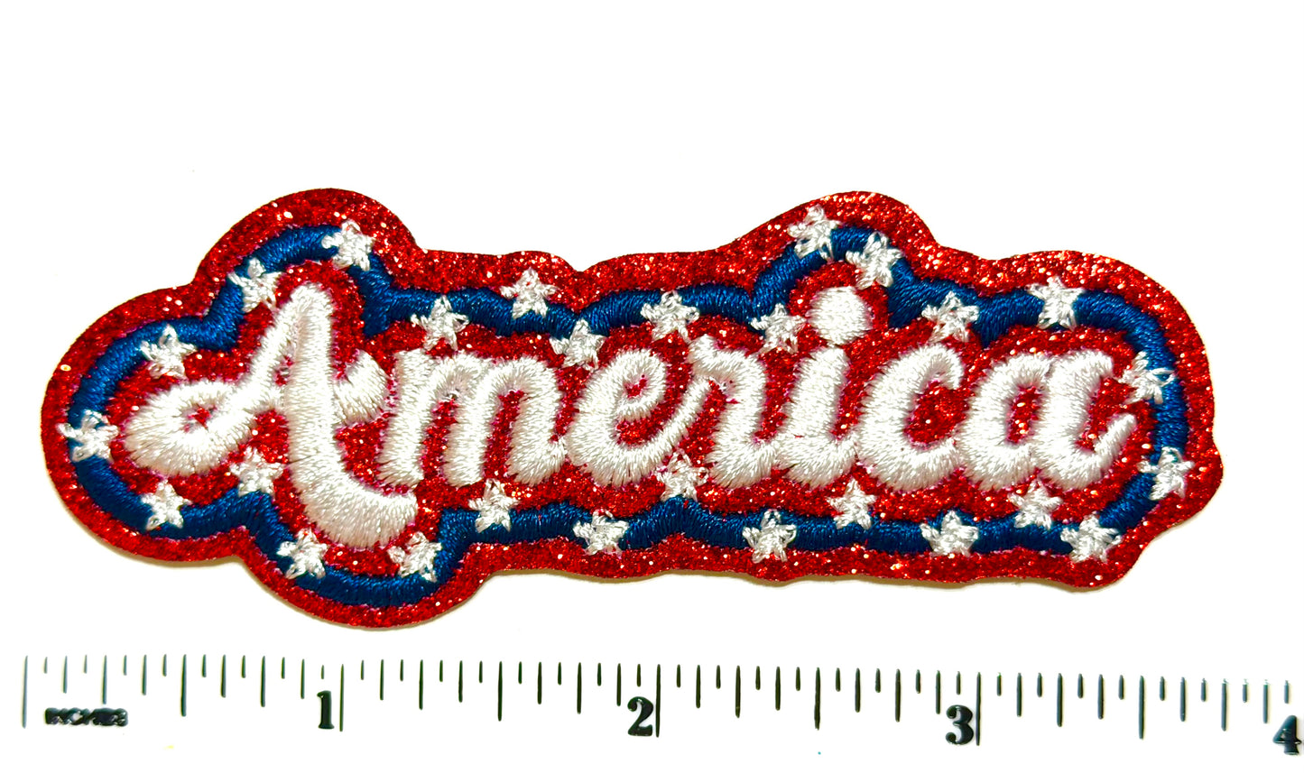 America patch with glitter - Embroidered iron on patch 3.75”