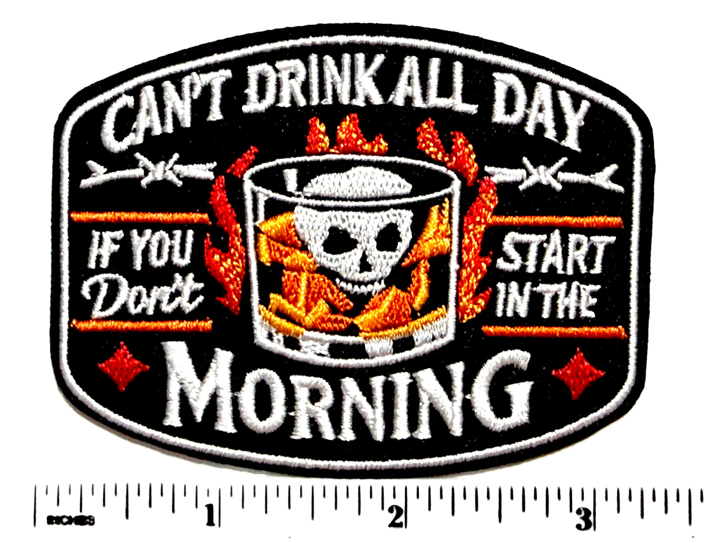 Can’t Drink All Day If You Don’t Start in the Morning Patch, Funny Skull Whiskey Iron On Patch, Biker Jacket Vest, Hat Patch