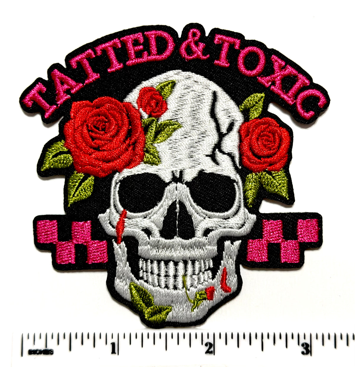 Tatted and Toxic skull with roses patch - Embroidered Iron On Patch 3.25”