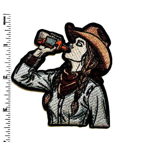 Cowgirl drinking from Whiskey Bottle patch - Embroidered Iron on patch 3.5”