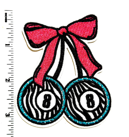 8 Ball Zebra print cherries with Bow Patch 3”