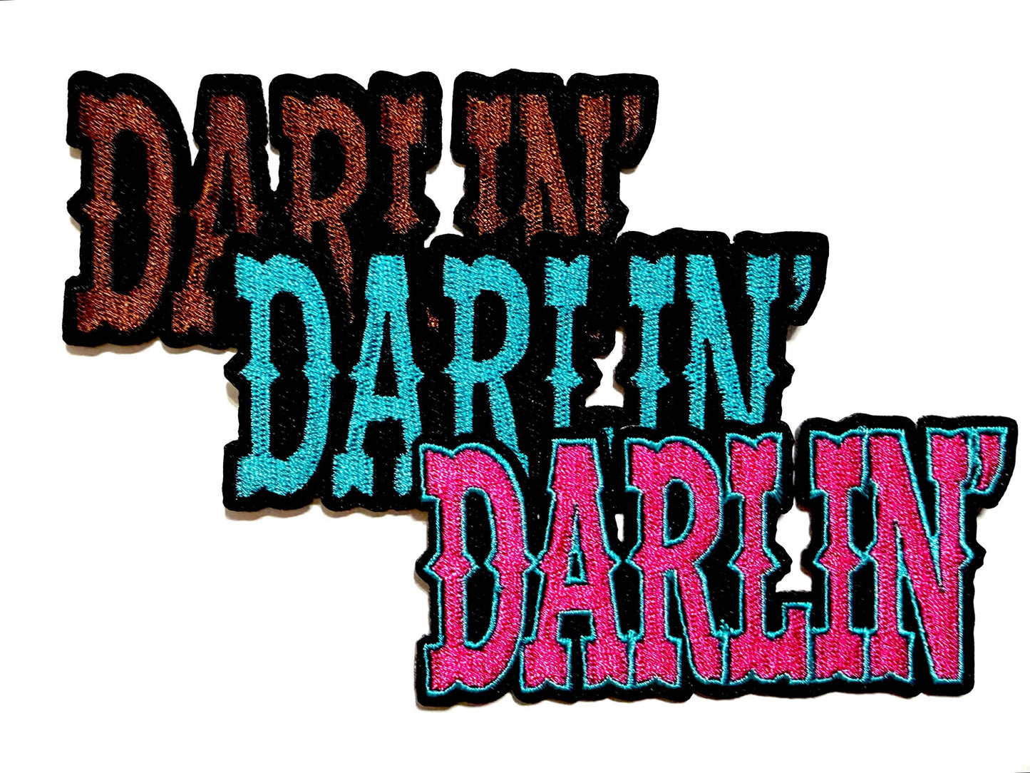 Darlin’ in turquoise, brown & pink - Embroidered Iron on patches 2.5”