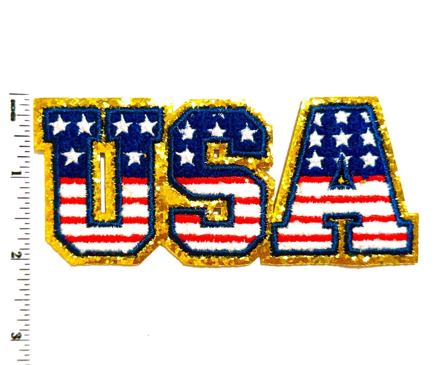 USA patch - Chemille DIY Iron on patch with gold glitter outline