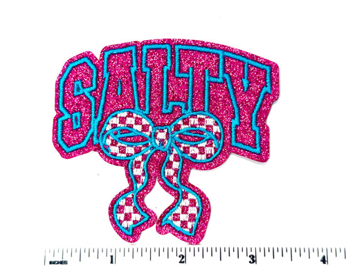 Salty with hot pink glitter and checkered bow patch - Embroidered iron on appliqué