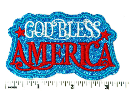 God Bless America with blue glitter - Embroidered Iron on patch 3.5”