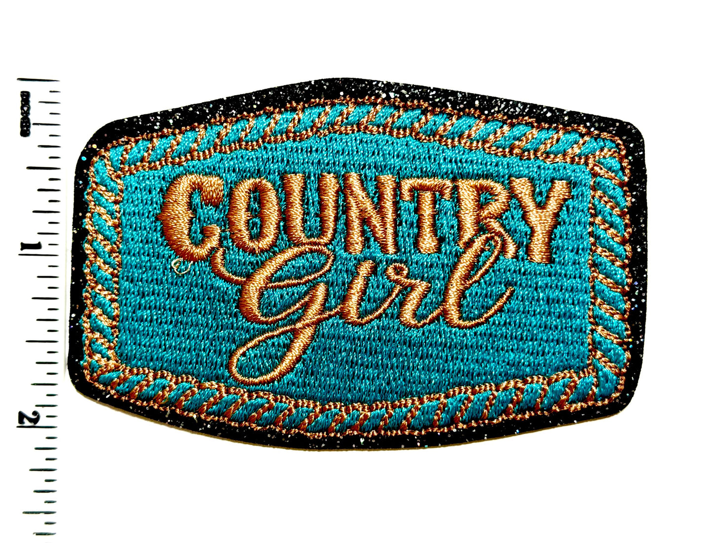 Country girl turquoise patch - Embroidered Iron on patch with black glitter outline 3.25”