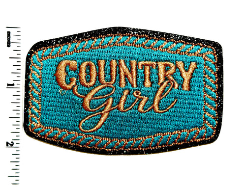 Country girl turquoise patch - Embroidered Iron on patch with black glitter outline 3.25”