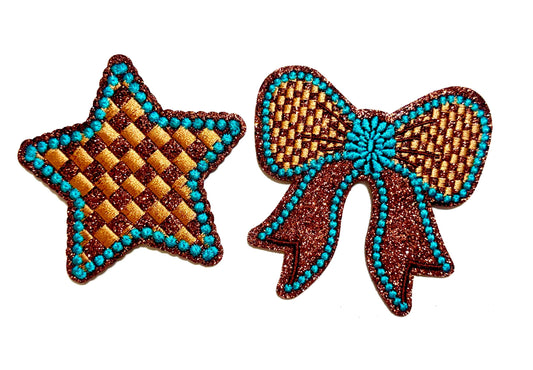 Turquoise & Checkered Brown Glitter patches, Bow and Star - Iron On DIY Applique