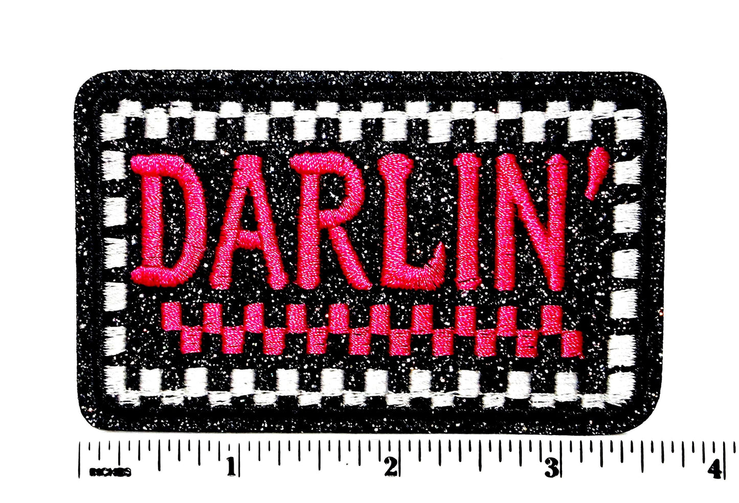 DARLIN’ hot pink checkered patch - Embroidered Iron on patch with glitter