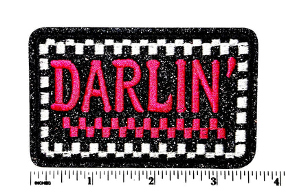 DARLIN’ hot pink checkered patch - Embroidered Iron on patch with glitter