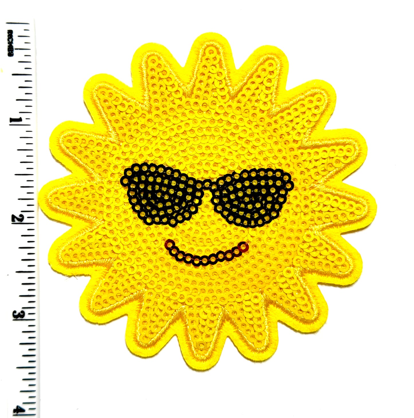 Sun Smiley Face with Sunglasses - Sequins Iron on patch 3.5”