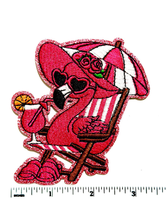 Pink Flamingo Cocktail Beach Patch, Glitter Summer Iron-On Applique