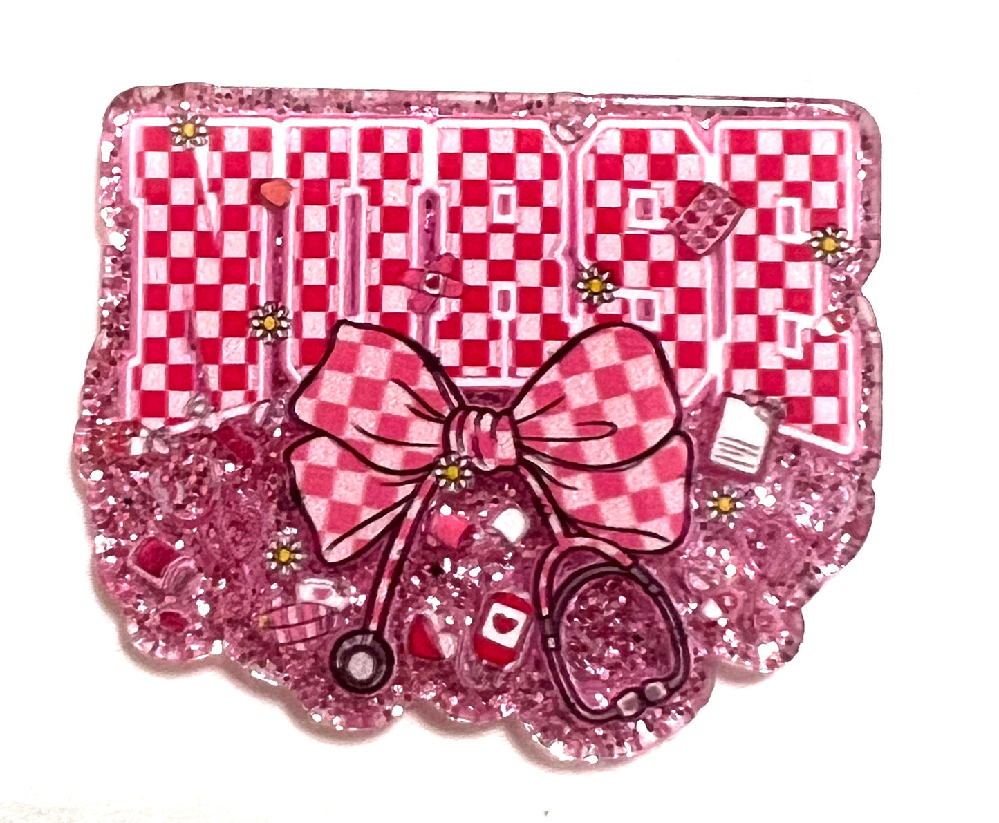 Checkered Nurse with bow- flatback acrylics set of 3