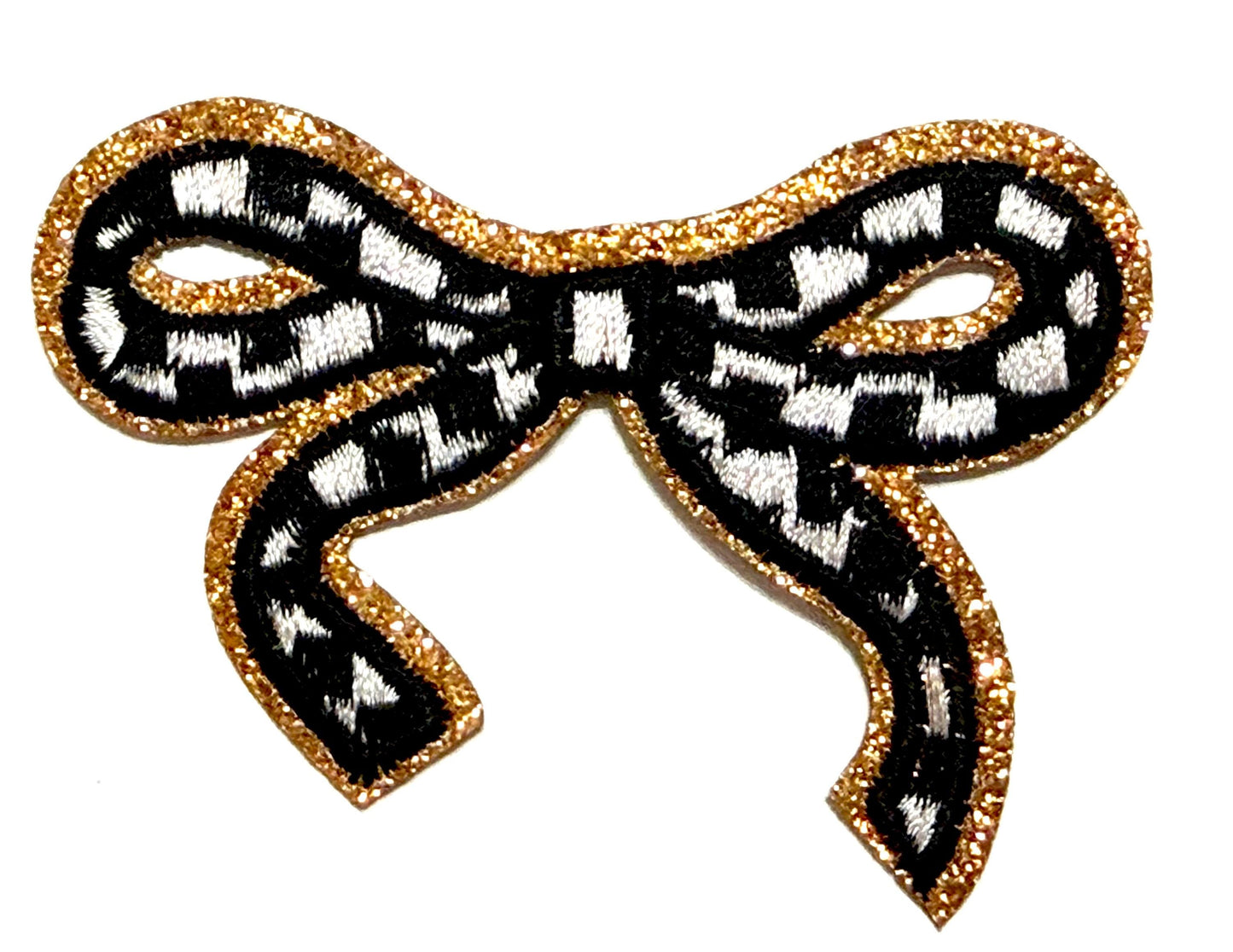 Checkered bow with glitter outline patches - Embroidered DIY iron on patch