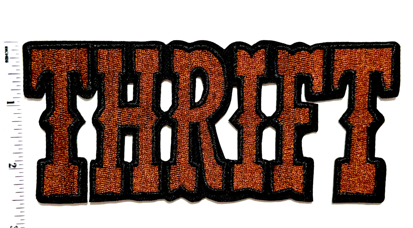 Thrift Patch, Brown with Black outline Iron On DIY Applique 6”