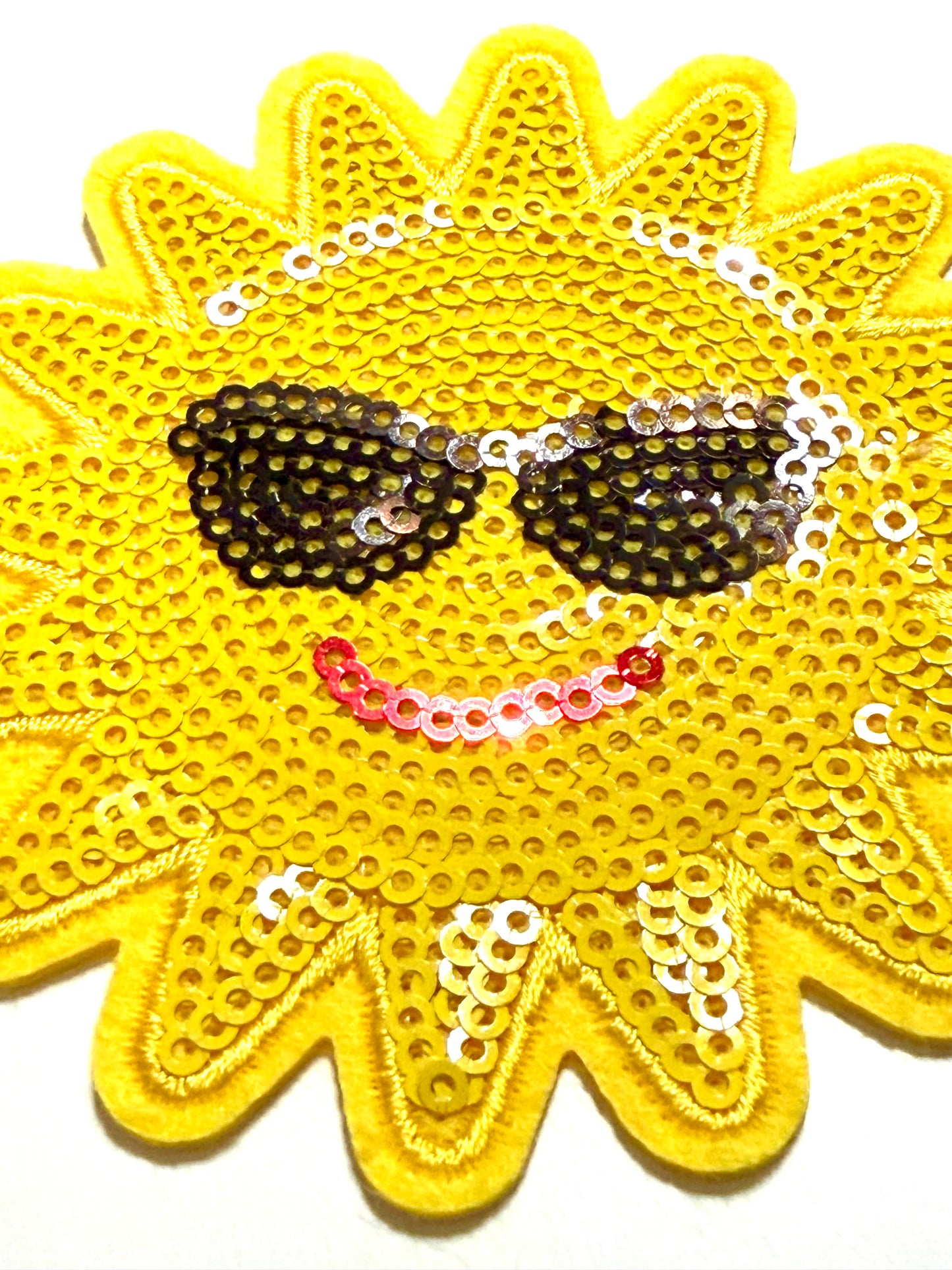 Sun Smiley Face with Sunglasses - Sequins Iron on patch 3.5”
