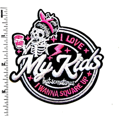 I Love My Kids Iron-On Applique (3.5") - Embroidered Skeleton Patch