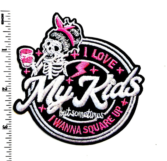 I Love My Kids Iron-On Applique (3.5") - Embroidered Skeleton Patch