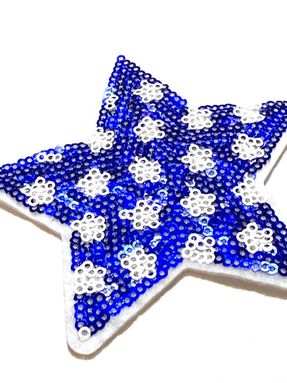 Blue Star with polka dots Sequin Patch – Iron-On DIY Applique (3.5")